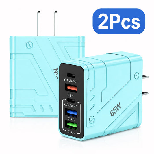 QINIUXO 2 Pack USB C Wall Charger, 5-Port Fast Charging Block, Each with Up to 65W Total Output, 2 USB C and 3 USB A Ports, Blue