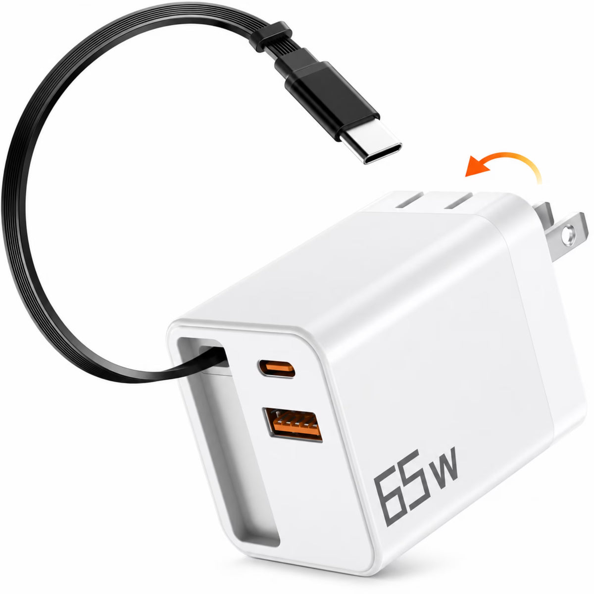 QINIUXO 3-in-1 Retractable USB C Charger, 65W Max Total Output Wall Charger with 25.5 in Built-In Type C Cable, USB C & USB A Charging Ports