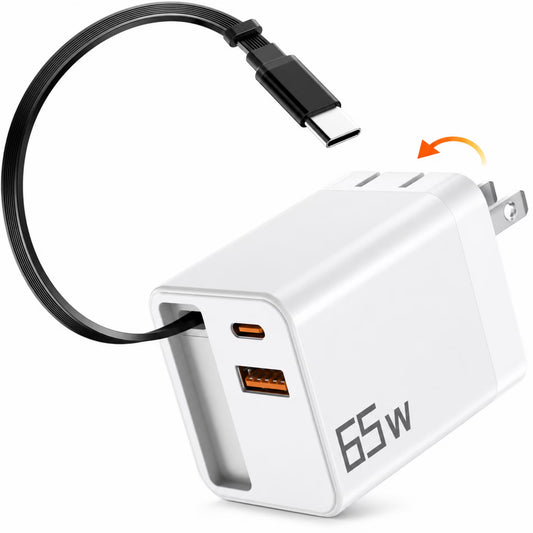 QINIUXO 3-in-1 Retractable USB C Charger, 65W Max Total Output Wall Charger with 25.5 in Built-In Type C Cable, USB C & USB A Charging Ports