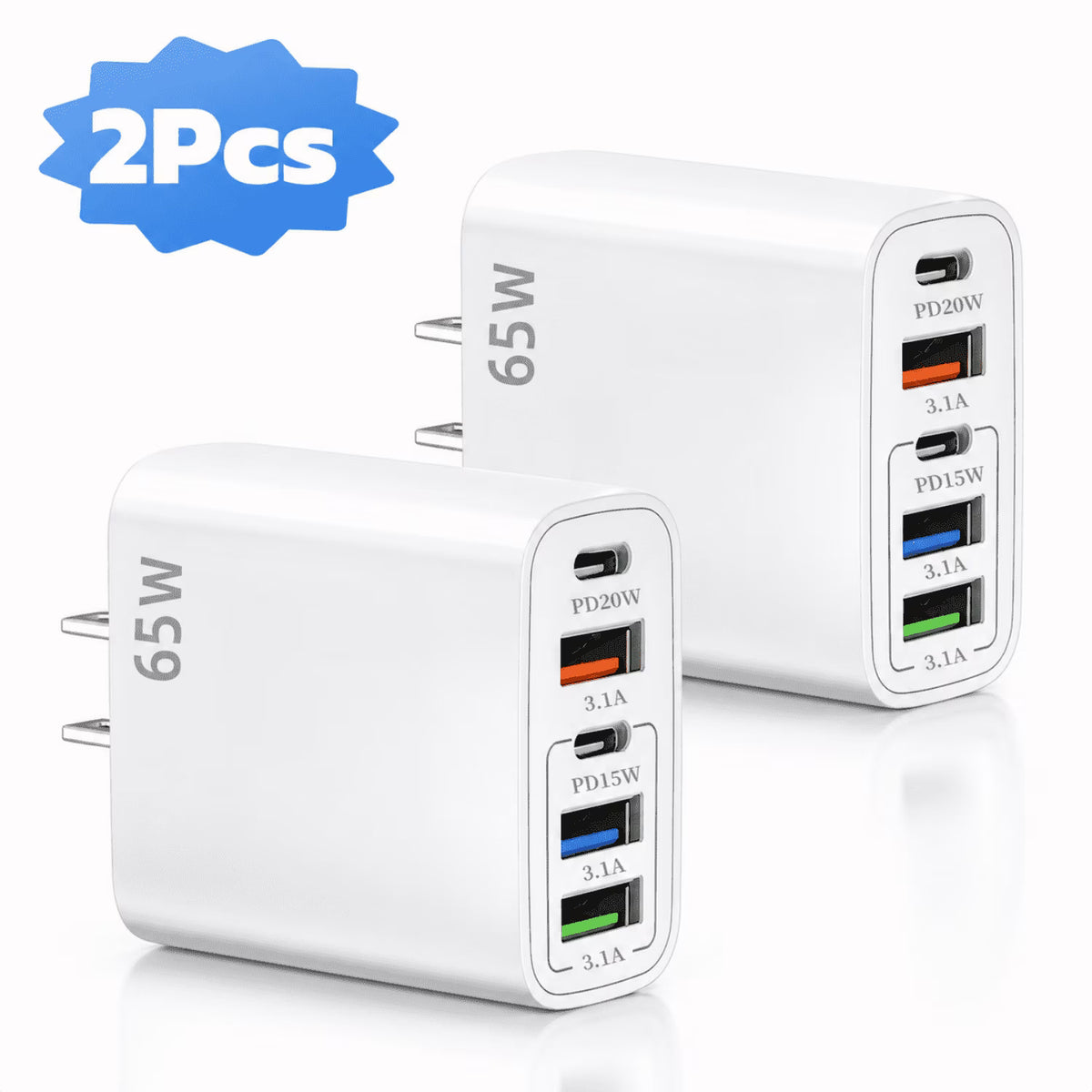 QINIUXO USB C Charger Block, Fast Wall Charger, 5-Port Phone Charger with Type C Fast Charging, Compatible with Phones, Tablets & More, Home, Office & Travel Use, White (2-Pack)
