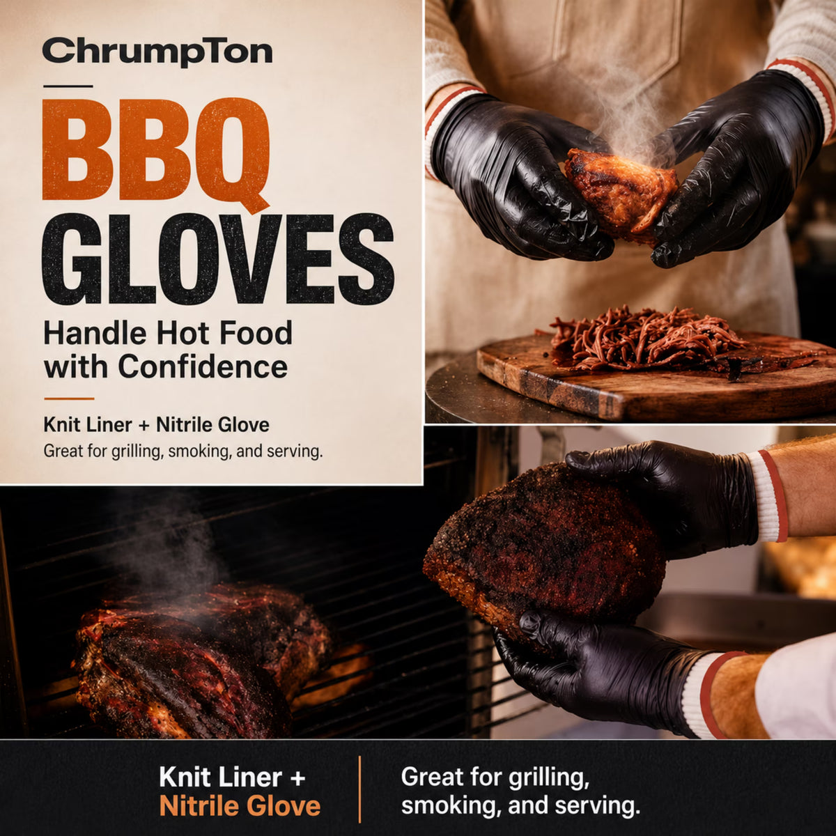 ChrumpTon BBQ Gloves for Grilling, Heat Resistant, for Barbecue Smoker, Cooking Hot Meat, Non-Slip Grip - Black Large