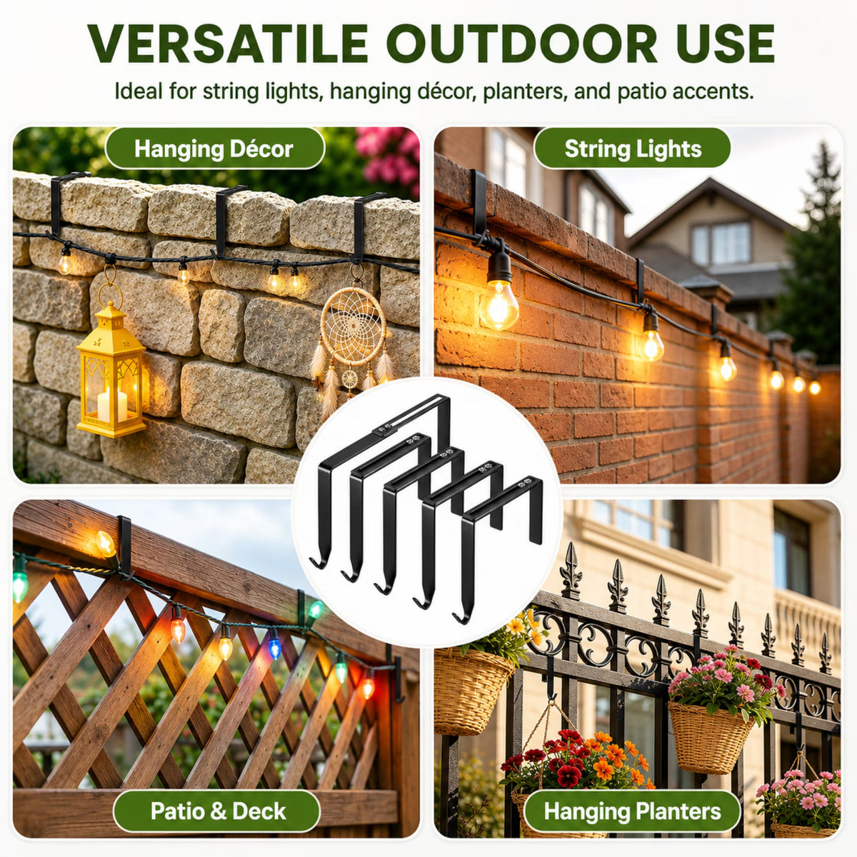 ChrumpTon 16 Pack Adjustable Outdoor Light Hooks, Metal Over-the-Wall Hangers for String Lights, Fits 3.2–6 Inch Wide Wall and Fence Tops, for Brick, Concrete Block, Railings and Patio Décor