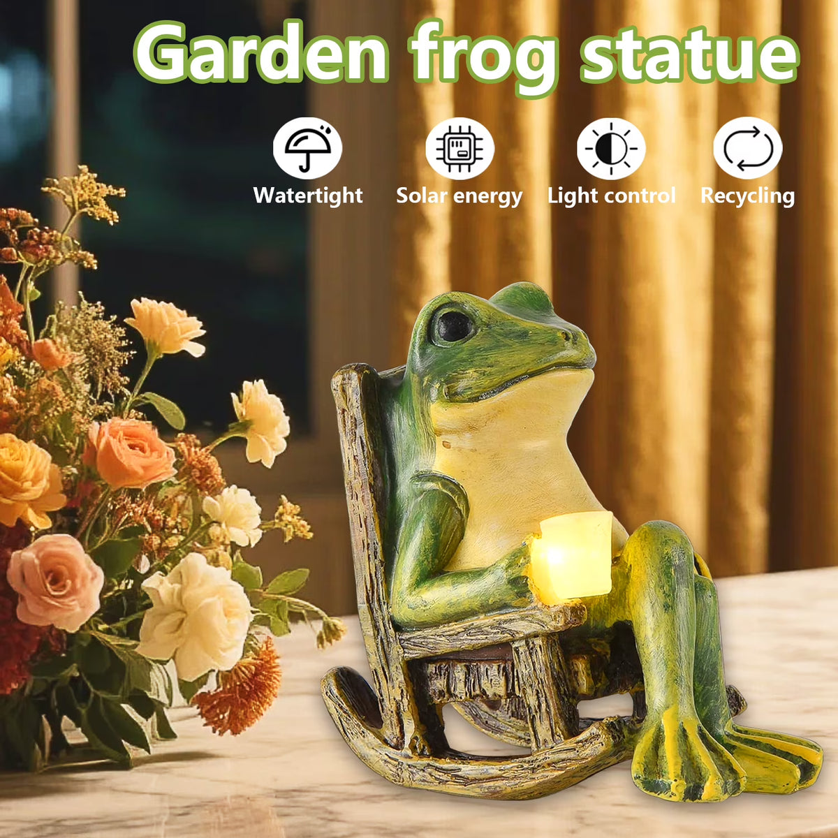 Solar Garden Statue, Miniature Frog Garden Statue with Warm LED Light, Waterproof Garden Solar Lights Outdoor/Indoor Yard Decor, Unique Housewarming Gift, 3.9" x 2.3" x 3.9"