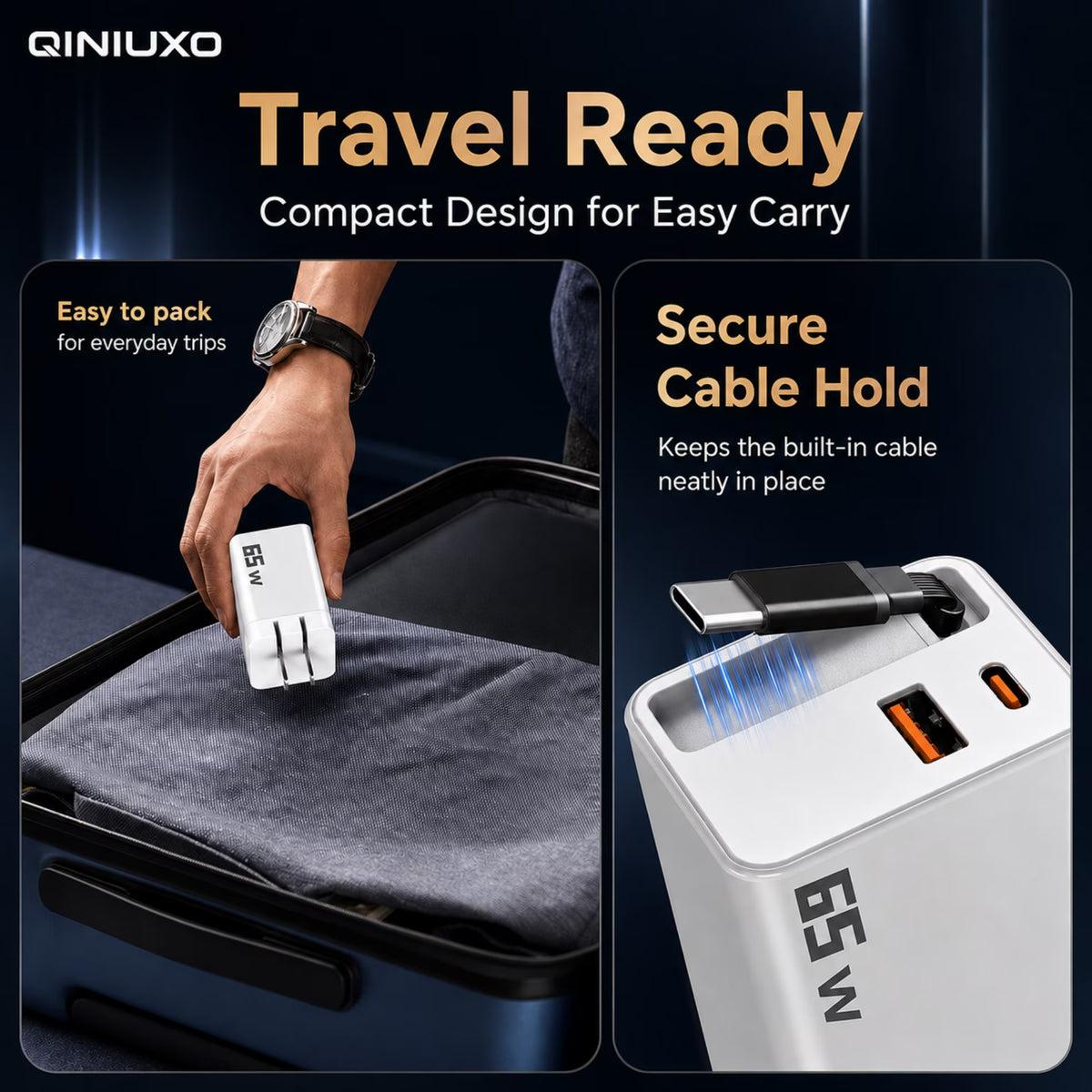 QINIUXO 3-in-1 Retractable USB C Charger, 65W Max Total Output Wall Charger with 25.5 in Built-In Type C Cable, USB C & USB A Charging Ports