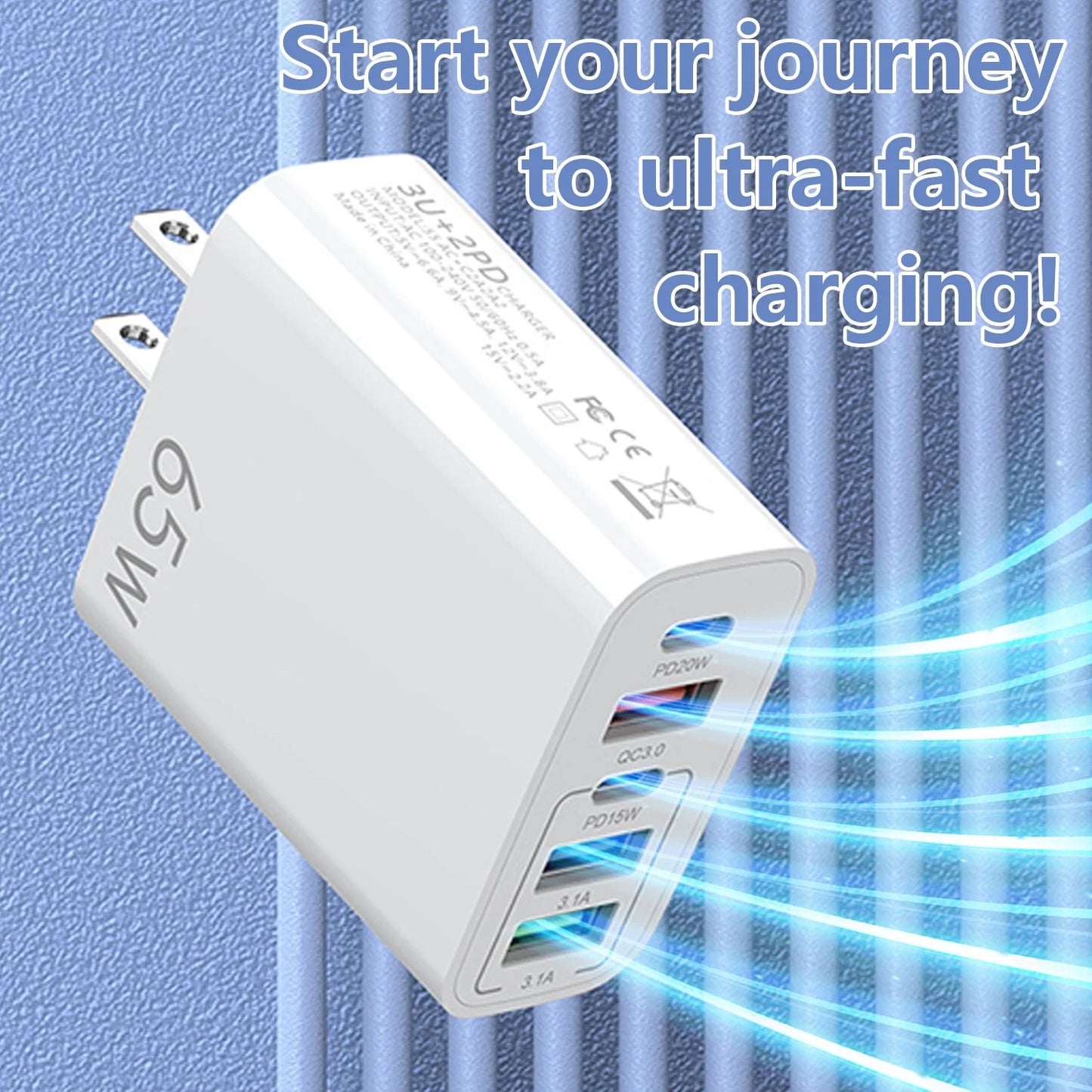 65W USB C Fast Charger,2 Pack Wall Charger Block,6 Port Power Adapter,Compatible with Various Types of Mobile Phones and Computers,White