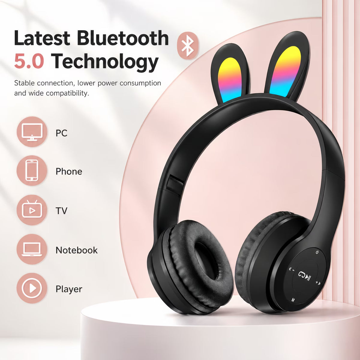 QINIUXO 2 Pack Kids Bluetooth Headphones with Bunny Ears, Volume Limited Wireless Headphones with Microphone for Girls & Boys, Foldable Over-Ear Headset for School, Tablet, Phone & PC (Pink/Black)