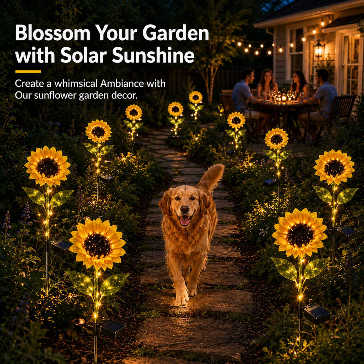 2 Pack Solar Garden Lights with 2 Extra Sunflower Heads, Solar Sunflower Lights Outdoor Waterproof with Auto On/Off, Solar Lights for Patio Lawn Outdoor Decor, Lighted Stem