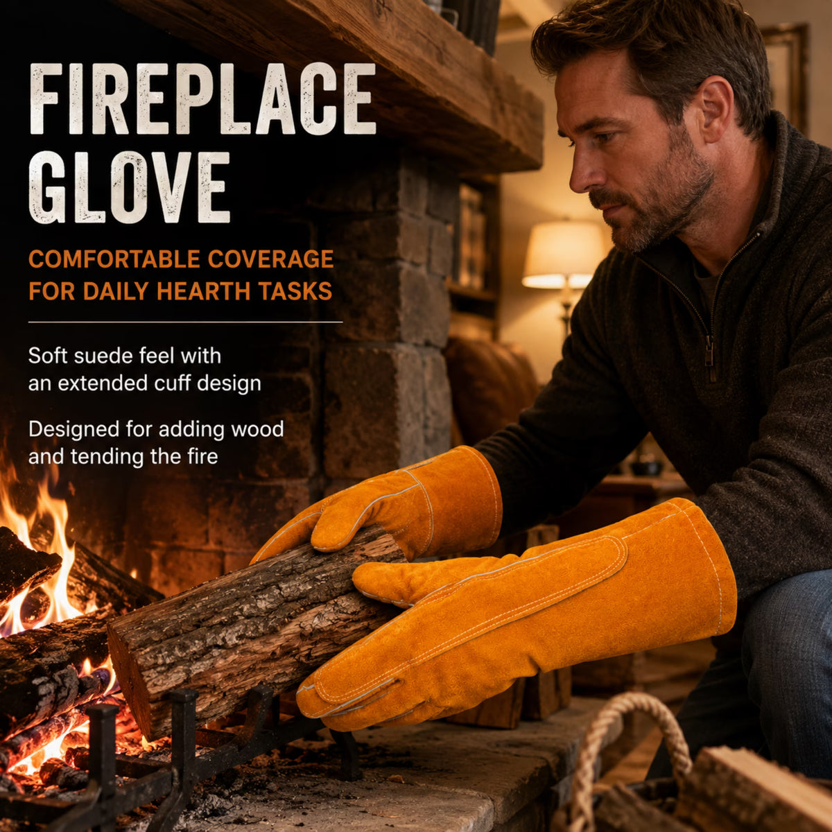 ChrumpTon 16 Inch Leather Welding Gloves, Heat Resistant Work Gloves with Extended Cuff, Reinforced Stitching and Soft Lining for Fireplace, Wood Stove, Yard Work and Light Welding, Orange