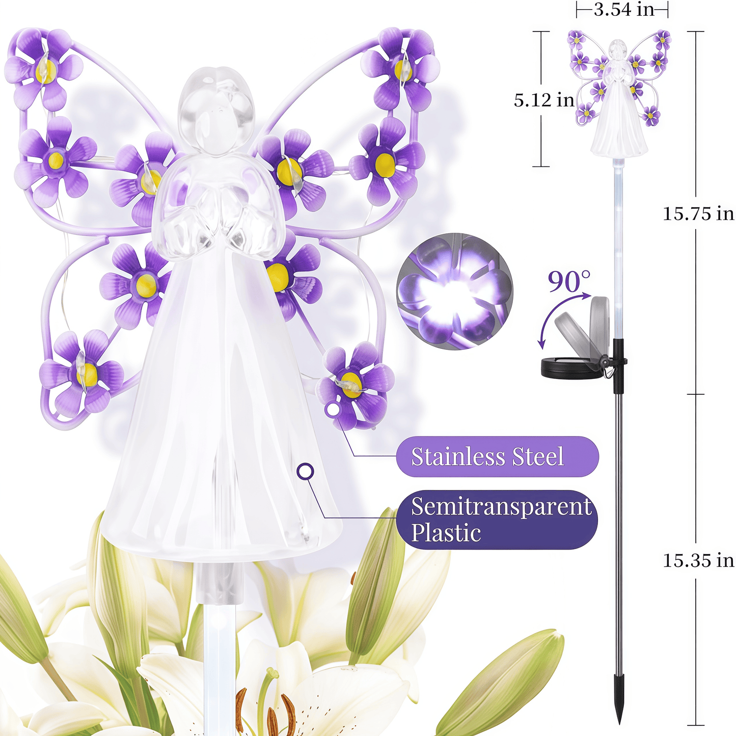 2 Pack Solar Lights Outdoor, Solar Angel Statue, Waterproof Solar Garden Lights, Pathway Lights with 14 Purple LEDs, Grave Decorations for Cemetery, Garden Statue