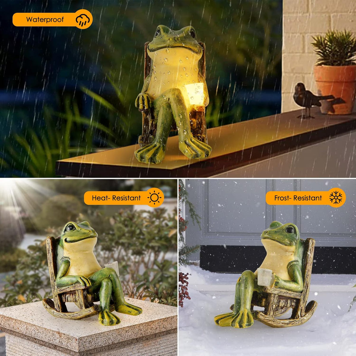 Solar Garden Statue, Miniature Frog Garden Statue with Warm LED Light, Waterproof Garden Solar Lights Outdoor/Indoor Yard Decor, Unique Housewarming Gift, 3.9" x 2.3" x 3.9"