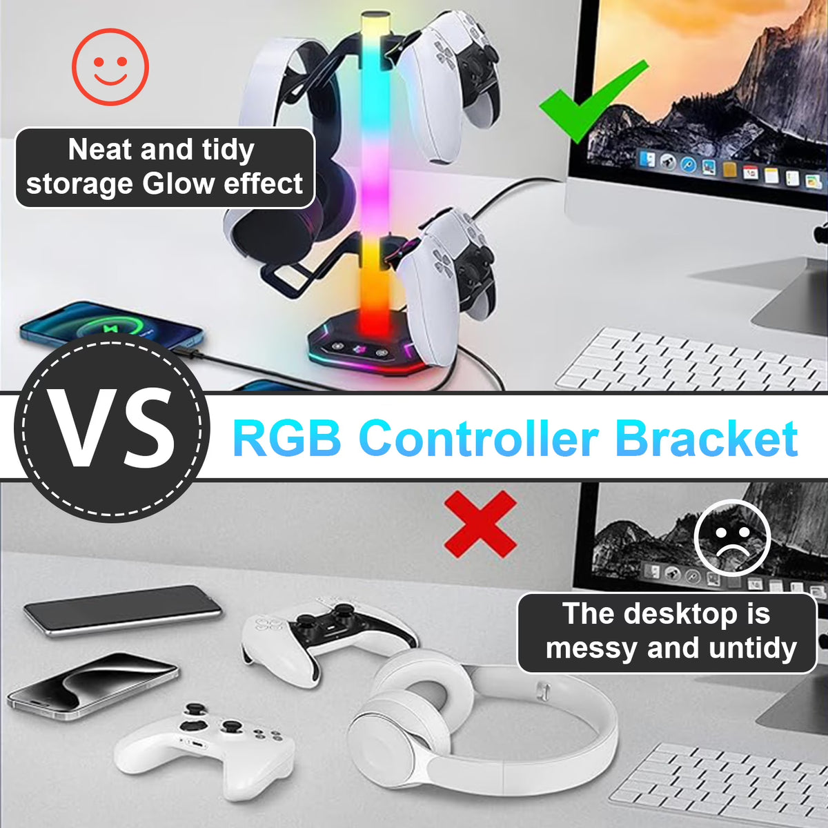 RGB Controller Holder,Gaming Headset and Controller Stand with 2 USB Ports & 10 Light Modes,Headphone and Gamepad Holder,Suitable for Most Headsets,Ideal Gamer Gift