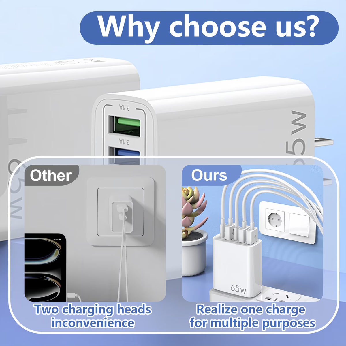 QINIUXO USB C Charger Block, Fast Wall Charger, 5-Port Phone Charger with Type C Fast Charging, Compatible with Phones, Tablets & More, Home, Office & Travel Use, White (2-Pack)