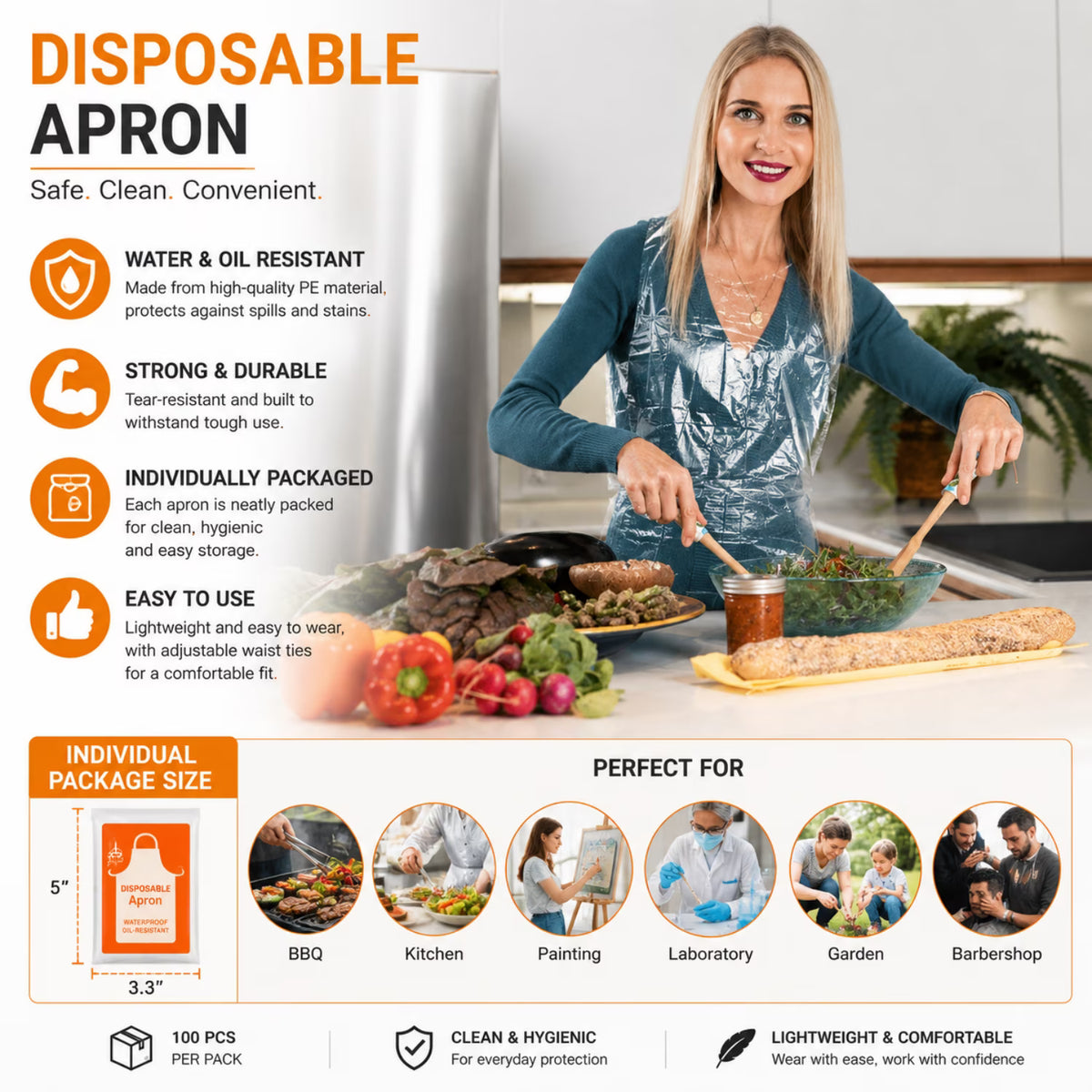 ChrumpTon 100 Pcs Disposable Aprons, Plastic Apron for Party, Cooking, Housework, Picnic, Food Service, Individually Packaged, 27.5" x 55"