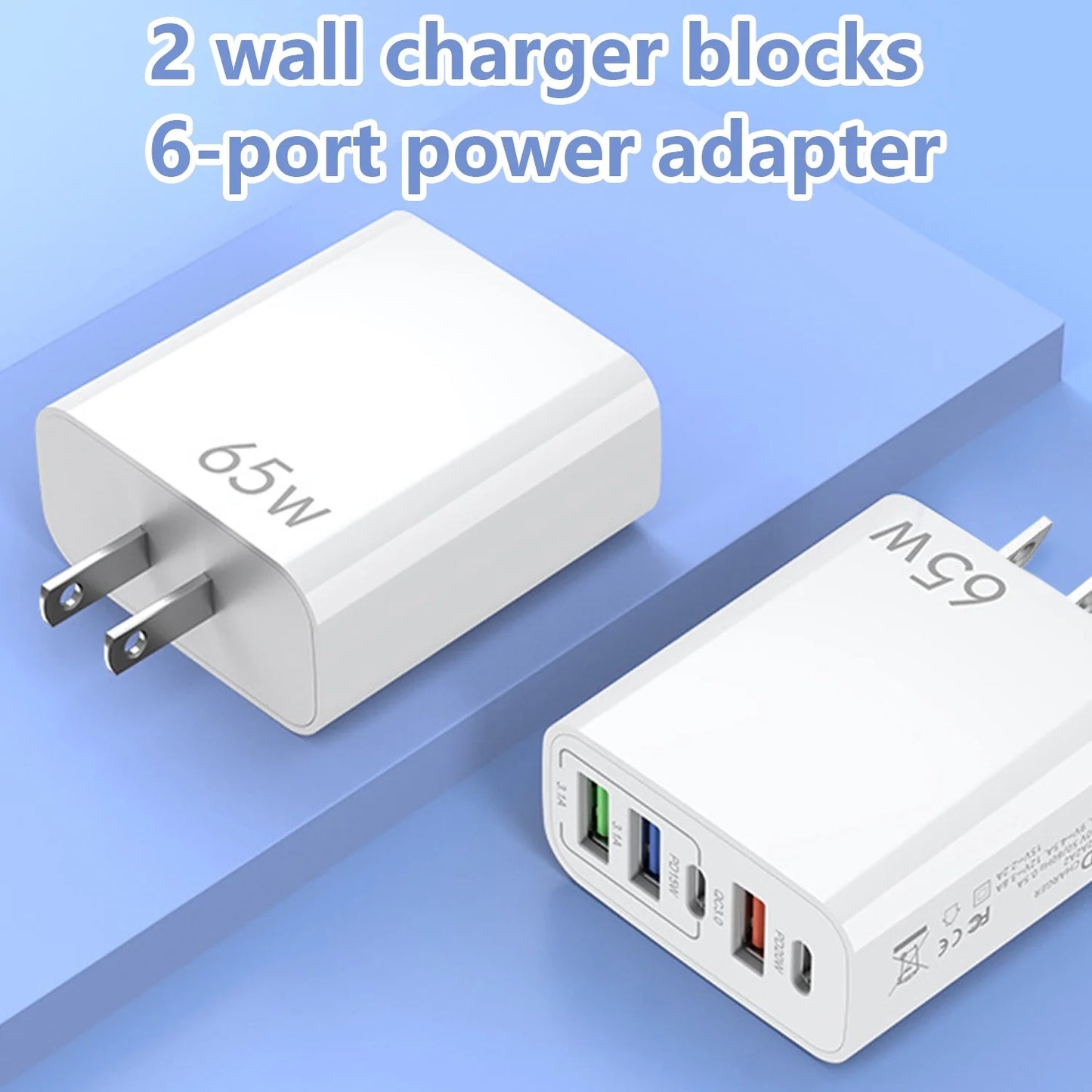 65W USB C Fast Charger,2 Pack Wall Charger Block,6 Port Power Adapter,Compatible with Various Types of Mobile Phones and Computers,White