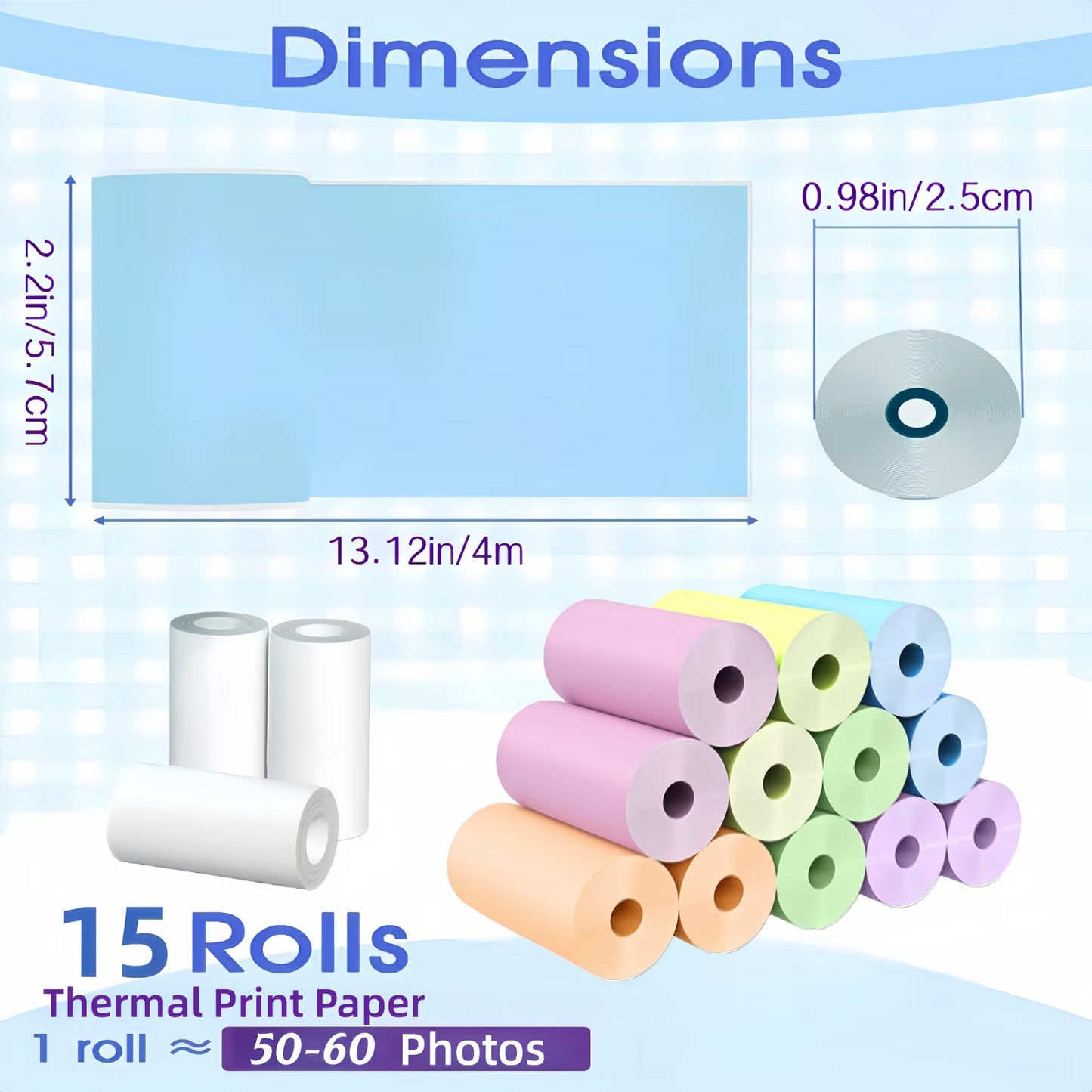 15 Rolls Instant Camera Refill Print Paper, HD Printing Thermal Print Paper, Instant Print Camera Paper Rolls, Compatible with Most Instant Print Cameras, Colorful (57x25mm)