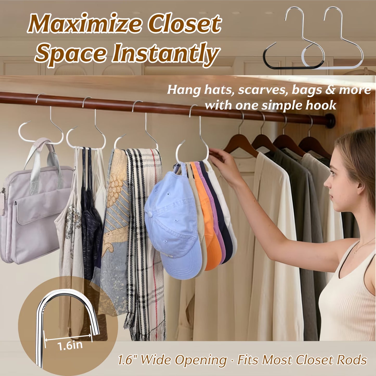 14 Pack Hat Hanger for Closet, Hat Organizer for Baseball Caps, Stainless Steel Space-Saving Hat Rack for Caps, Belts, Scarves & Bags, White & Black