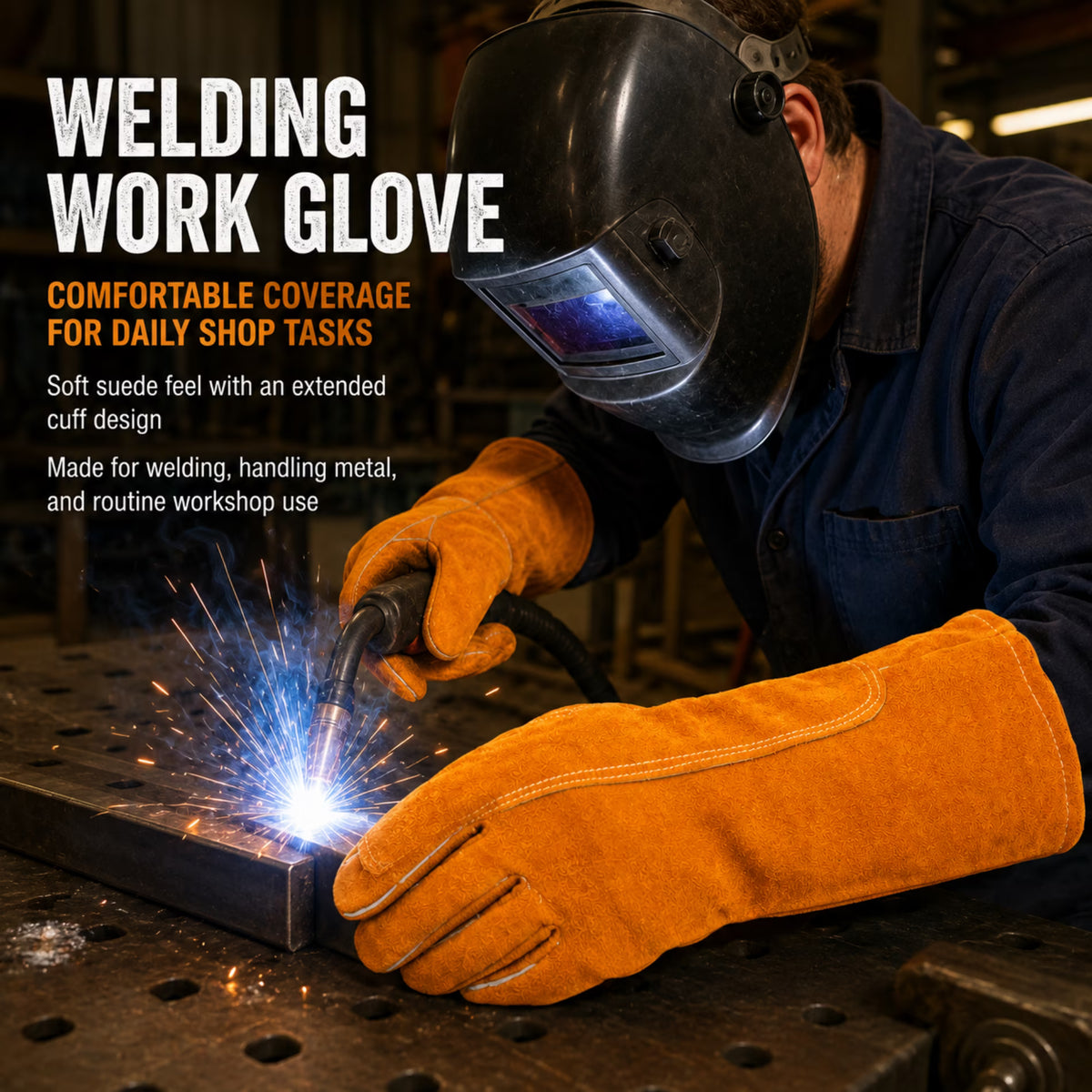 ChrumpTon 16 Inch Leather Welding Gloves, Heat Resistant Work Gloves with Extended Cuff, Reinforced Stitching and Soft Lining for Fireplace, Wood Stove, Yard Work and Light Welding, Orange