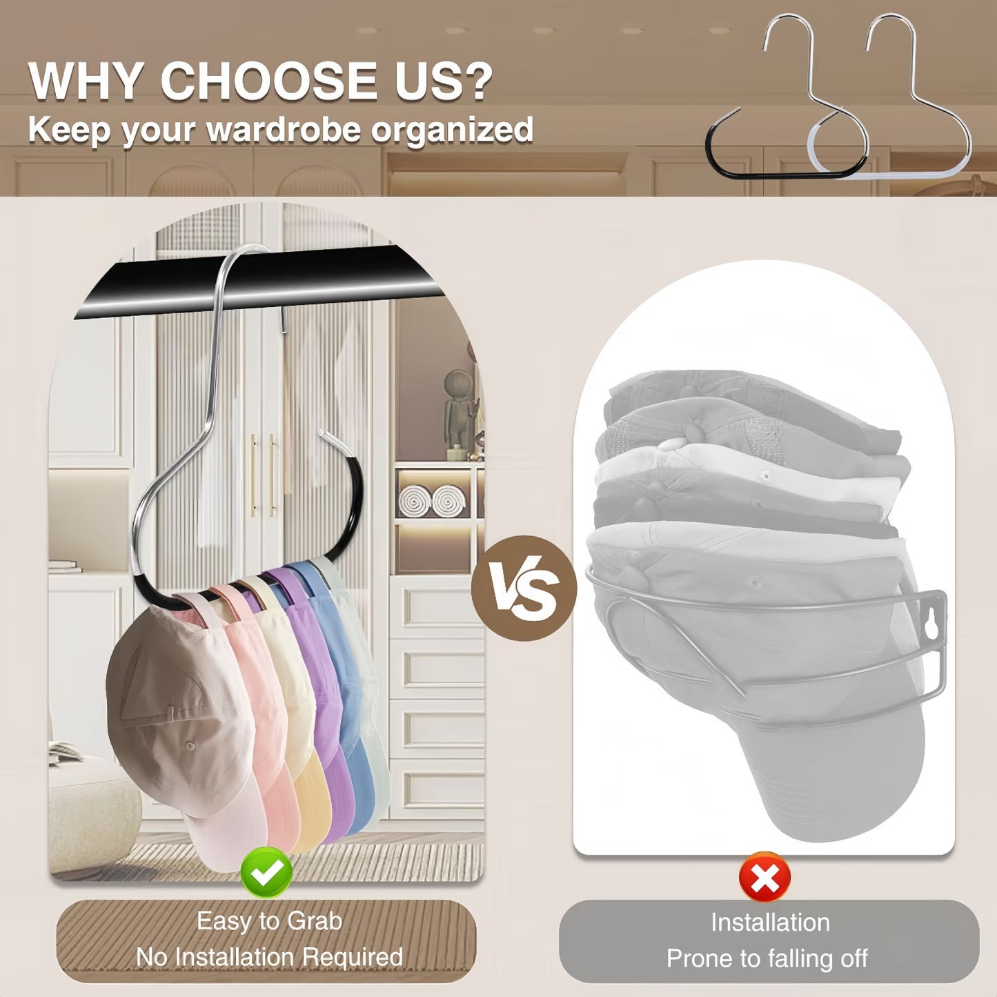 14 Pack Hat Hanger for Closet, Hat Organizer for Baseball Caps, Stainless Steel Space-Saving Hat Rack for Caps, Belts, Scarves & Bags, White & Black