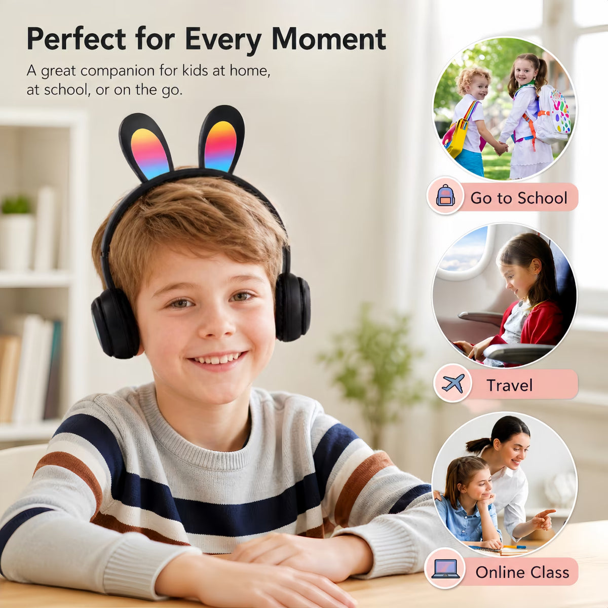 QINIUXO 2 Pack Kids Bluetooth Headphones with Bunny Ears, Volume Limited Wireless Headphones with Microphone for Girls & Boys, Foldable Over-Ear Headset for School, Tablet, Phone & PC (Pink/Black)