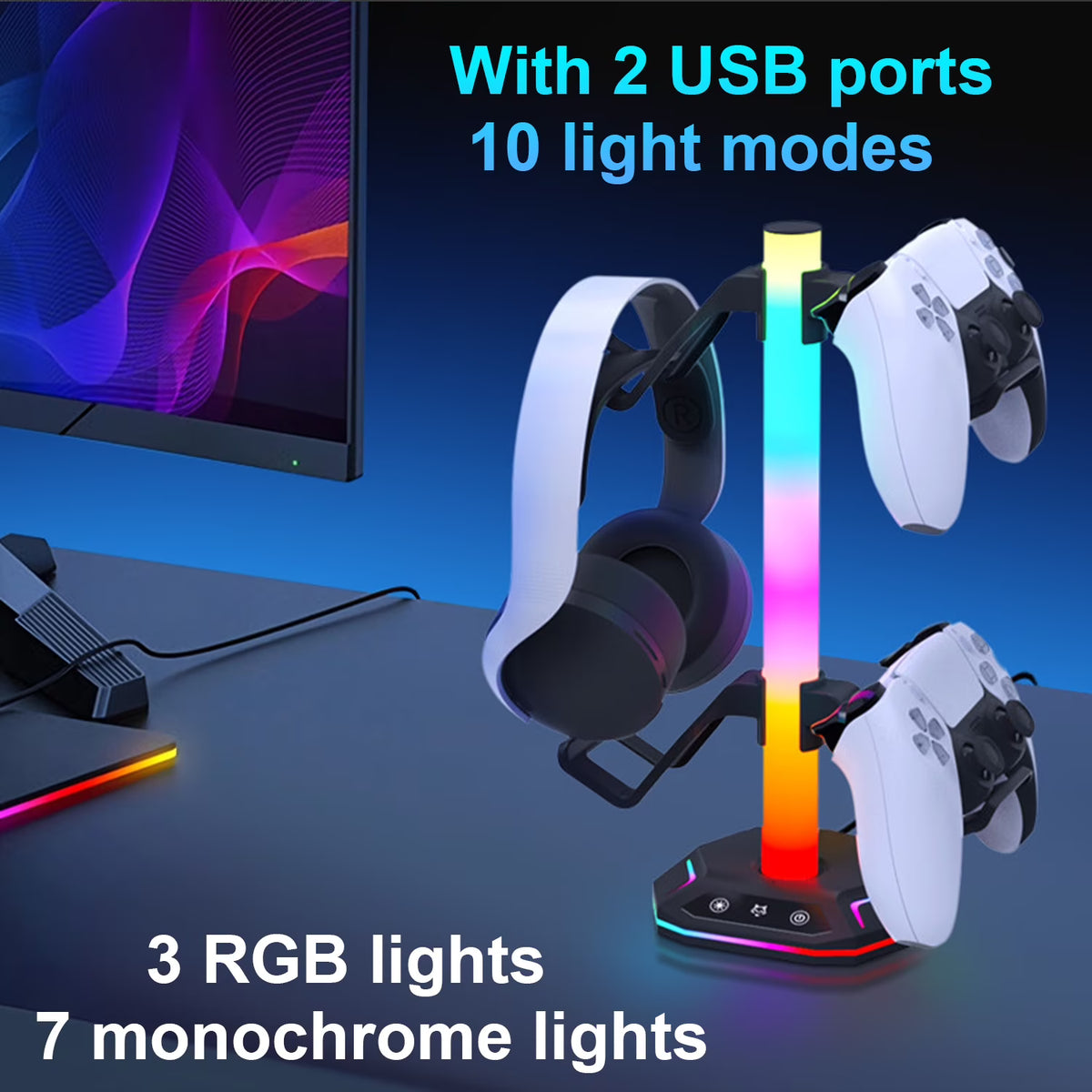RGB Controller Holder,Gaming Headset and Controller Stand with 2 USB Ports & 10 Light Modes,Headphone and Gamepad Holder,Suitable for Most Headsets,Ideal Gamer Gift