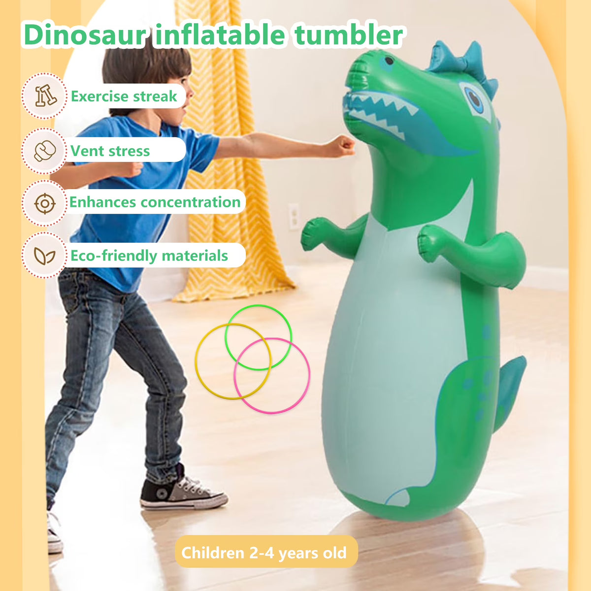 2 Pack Inflatable Punching Bag,4 Rings Ring Toss,Portable Inflatable Dinosaur Sandbag,Boxing Bag for Entertainment Boxing Training Game,38 in Tall,‎Green and Yellow