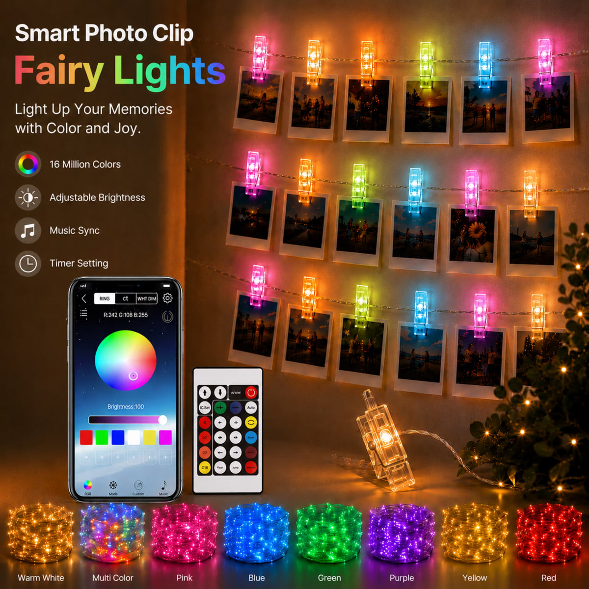 100 LED Photo Clip String Lights, 33FT Fairy Lights for Pictures, USB Photo Hanging Lights with Remote & App Control, Waterproof Picture Lights with 100 Clips for Room Decor