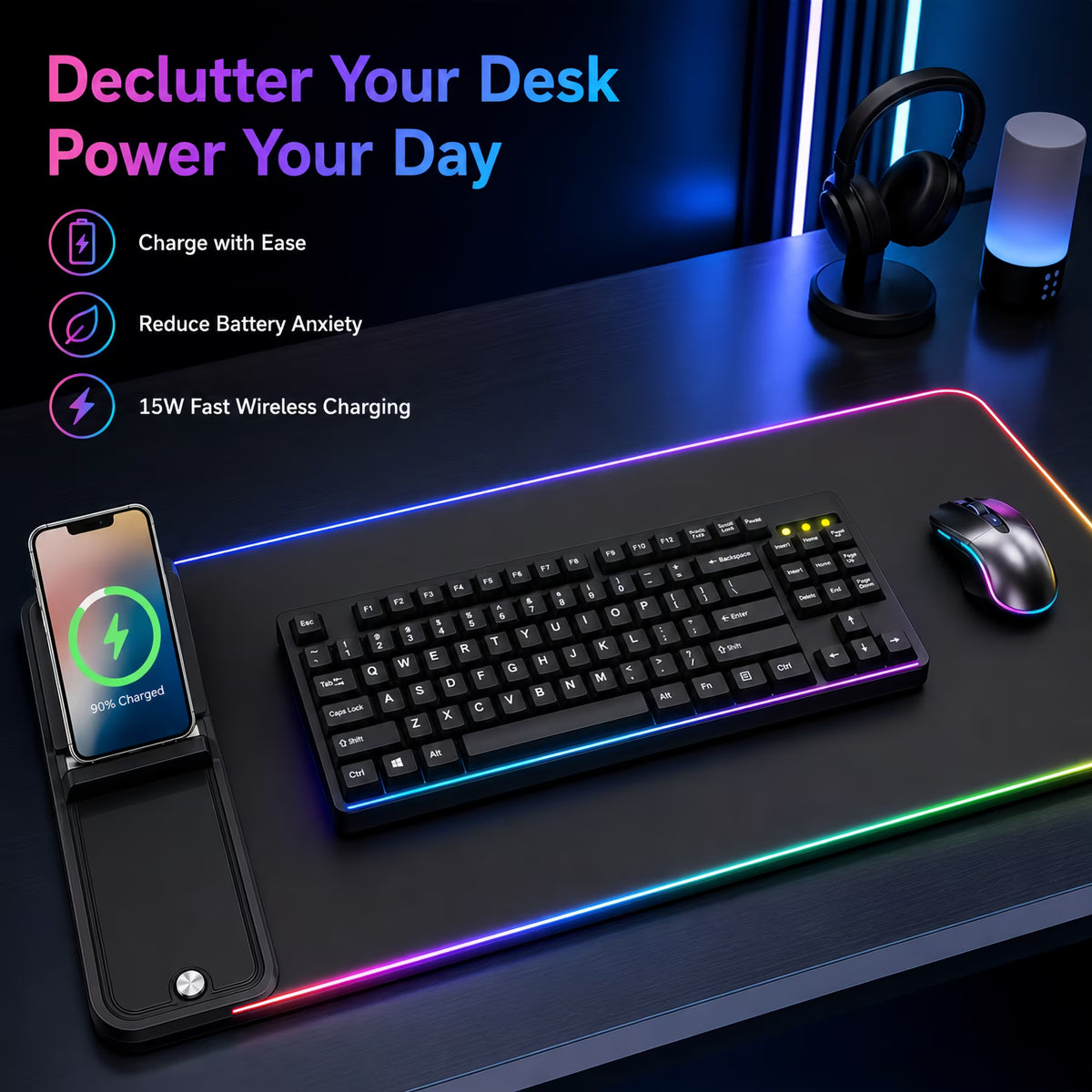 ChrumpTon RGB Gaming Mouse Pad with Wireless Charging 15W,Large Laptop LED Mouse Pad,6 Light Modes Keyboard Pad with Phone Holder & Non-Slip Rubber Base,Waterproof Mousepad