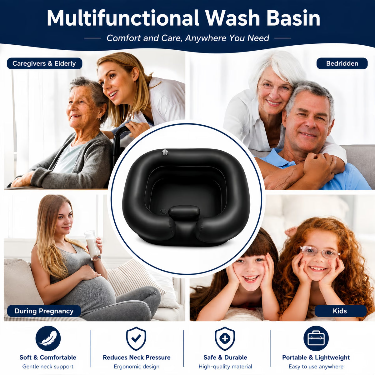 ChrumpTon Inflatable Hair Wash Basin with Drain Hose, Portable Shampoo Bowl for Bedside Hair Washing, Includes Hand Pump & Towel, for Bedside, Home Care, Sink Washing and Dreadlock Care, Black