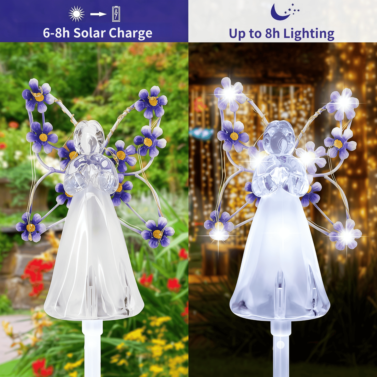 2 Pack Solar Lights Outdoor, Solar Angel Statue, Waterproof Solar Garden Lights, Pathway Lights with 14 Purple LEDs, Grave Decorations for Cemetery, Garden Statue