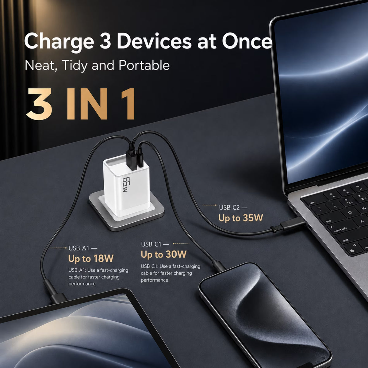 QINIUXO 3-in-1 Retractable USB C Charger, 65W Max Total Output Wall Charger with 25.5 in Built-In Type C Cable, USB C & USB A Charging Ports