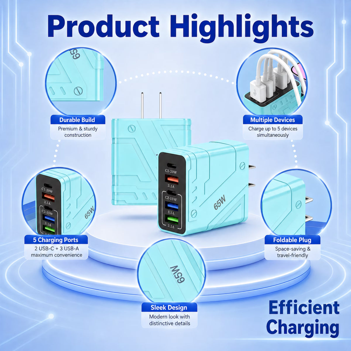 QINIUXO 2 Pack USB C Wall Charger, 5-Port Fast Charging Block, Each with Up to 65W Total Output, 2 USB C and 3 USB A Ports, Blue