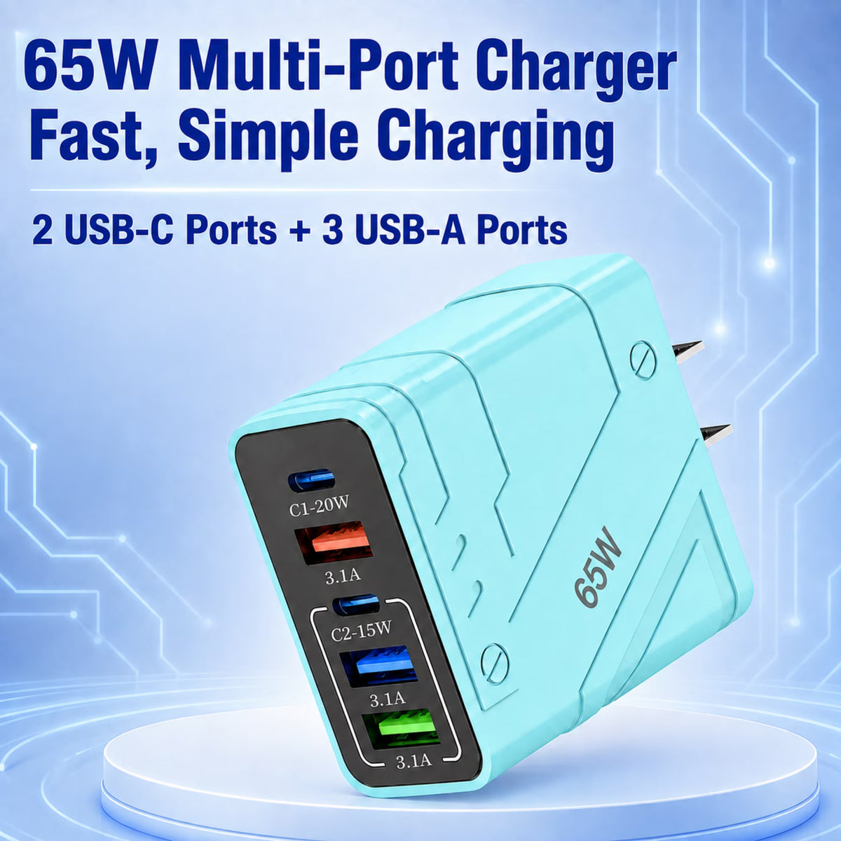 QINIUXO 2 Pack USB C Wall Charger, 5-Port Fast Charging Block, Each with Up to 65W Total Output, 2 USB C and 3 USB A Ports, Blue