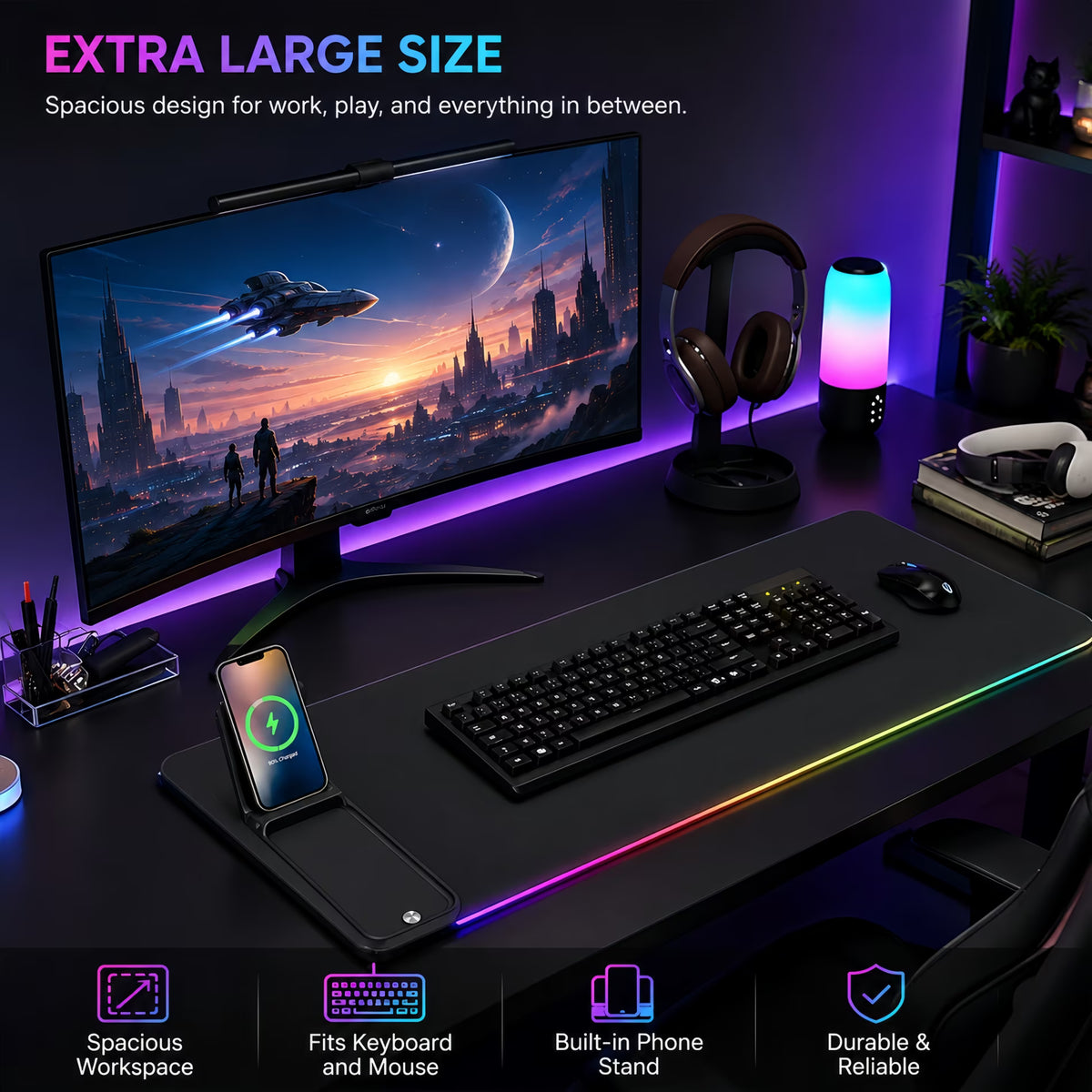 ChrumpTon RGB Gaming Mouse Pad with Wireless Charging 15W,Large Laptop LED Mouse Pad,6 Light Modes Keyboard Pad with Phone Holder & Non-Slip Rubber Base,Waterproof Mousepad