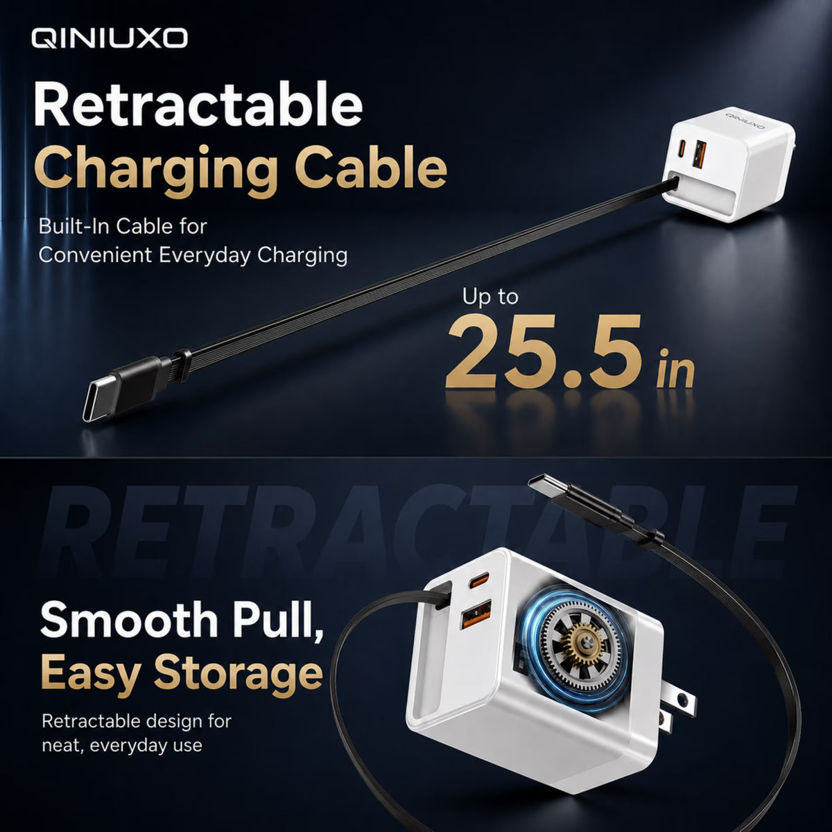 QINIUXO 3-in-1 Retractable USB C Charger, 65W Max Total Output Wall Charger with 25.5 in Built-In Type C Cable, USB C & USB A Charging Ports