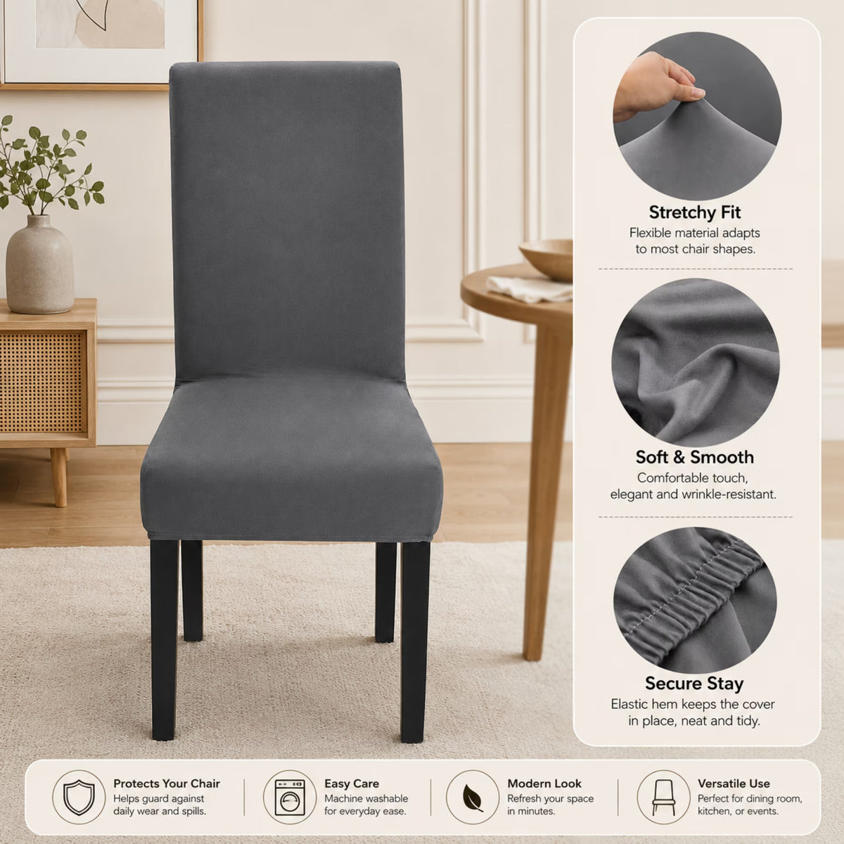 ChrumpTon Chair Covers for Dining Chairs Set of 4, Stretch Dining Chair Slipcovers, Removable Washable Chair Covers with Elastic Fit, Chair Protectors for Dining Room, Kitchen, Hotel, Dark Gray