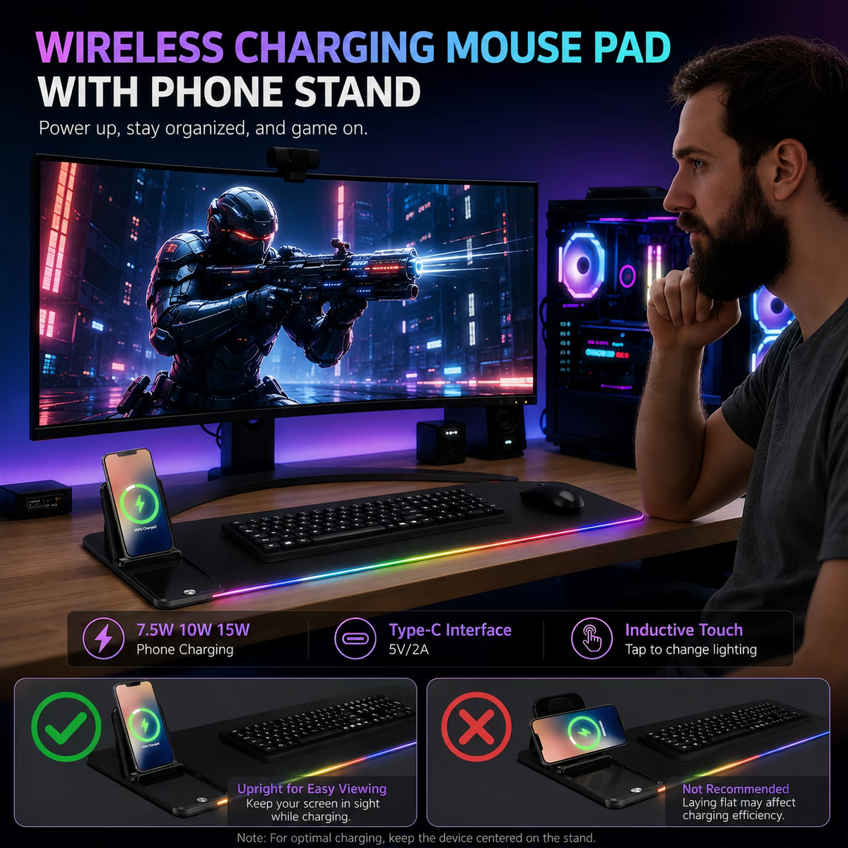 ChrumpTon RGB Gaming Mouse Pad with Wireless Charging 15W,Large Laptop LED Mouse Pad,6 Light Modes Keyboard Pad with Phone Holder & Non-Slip Rubber Base,Waterproof Mousepad