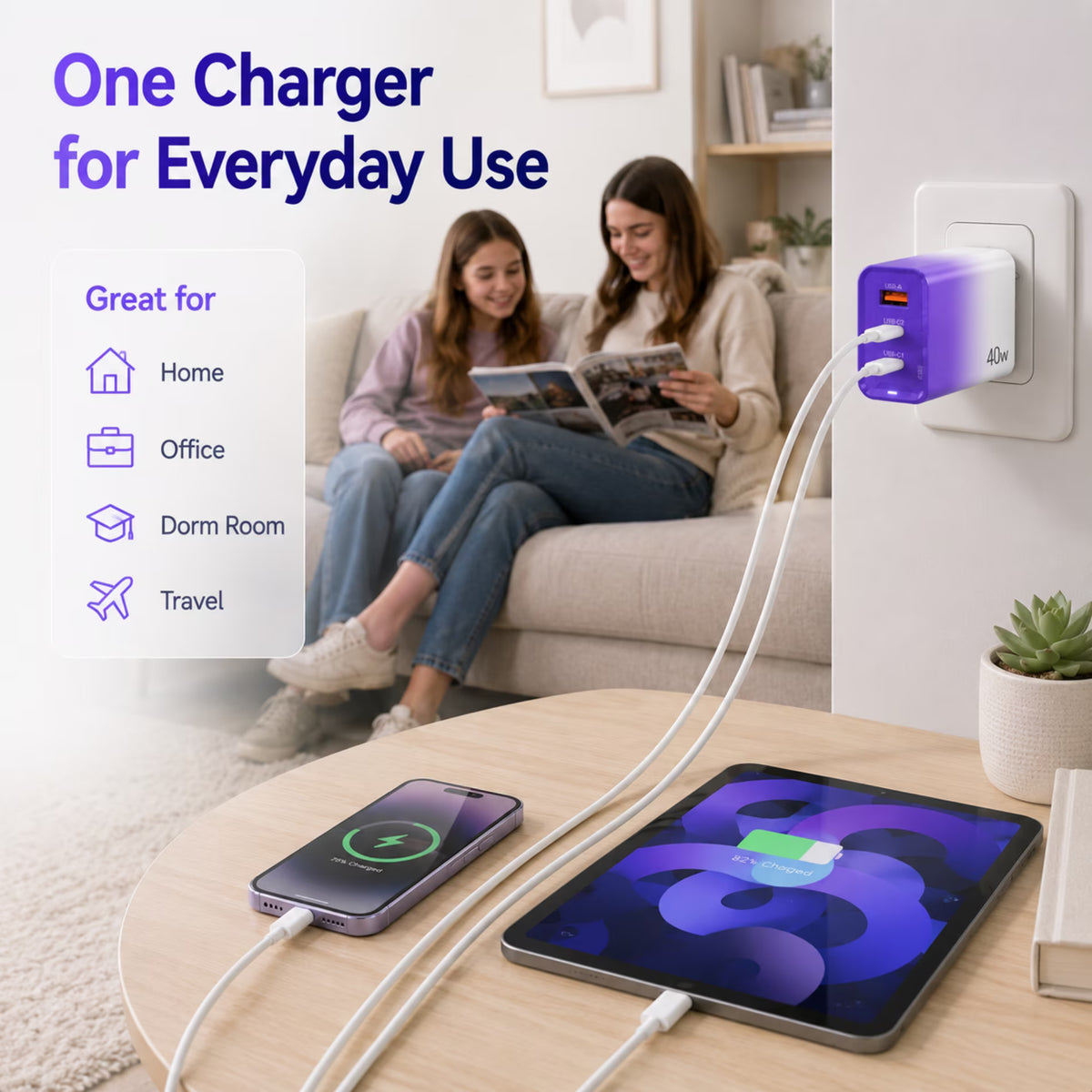 QINIUXO 2 Pack USB C Charger Block, 40W USB Wall Charger with 2 USB-C and 1 USB-A Ports, 3 Port Phone Charger Block, Compact Charger for Phones, Tablets and Everyday Devices, Purple & Pink