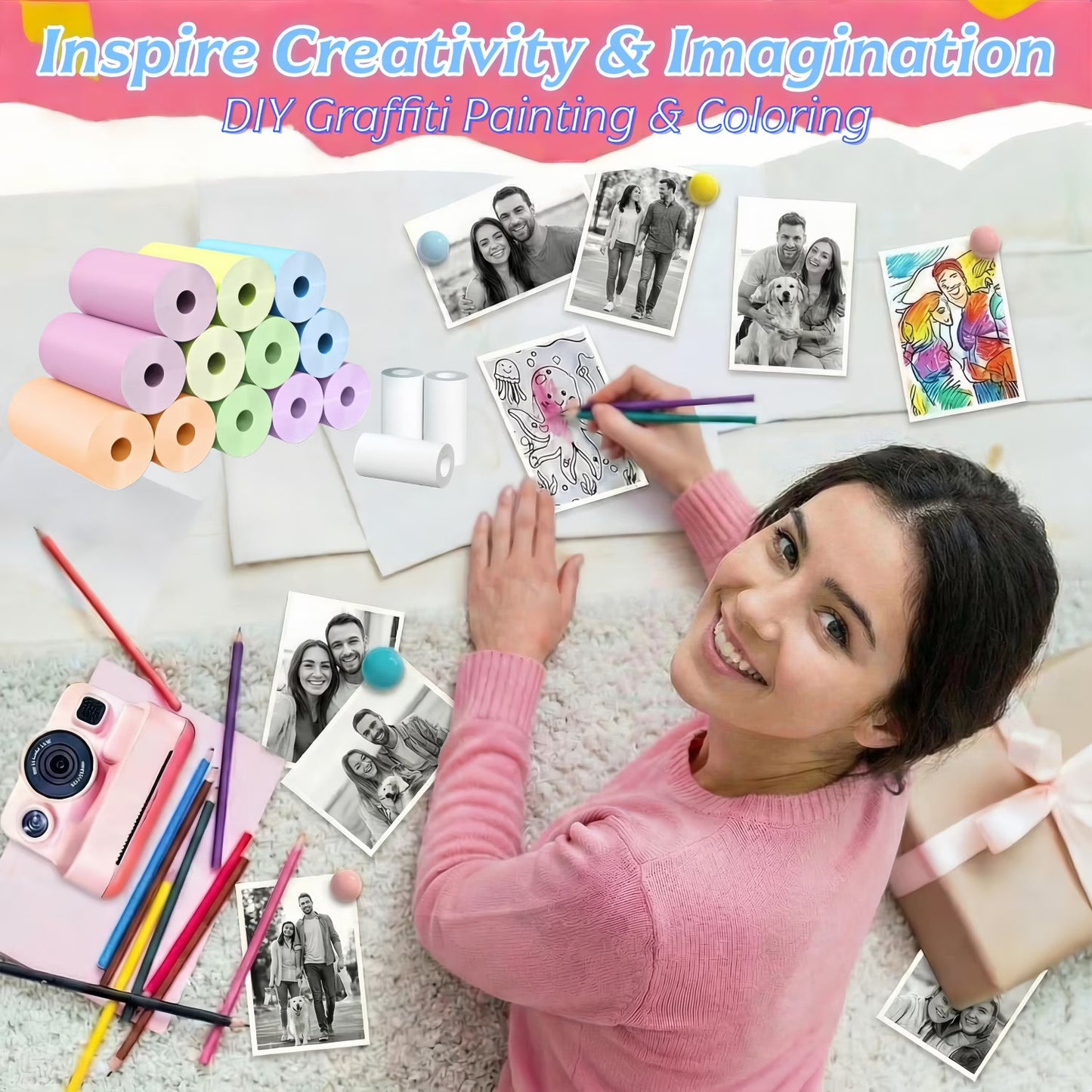 15 Rolls Instant Camera Refill Print Paper, HD Printing Thermal Print Paper, Instant Print Camera Paper Rolls, Compatible with Most Instant Print Cameras, Colorful (57x25mm)