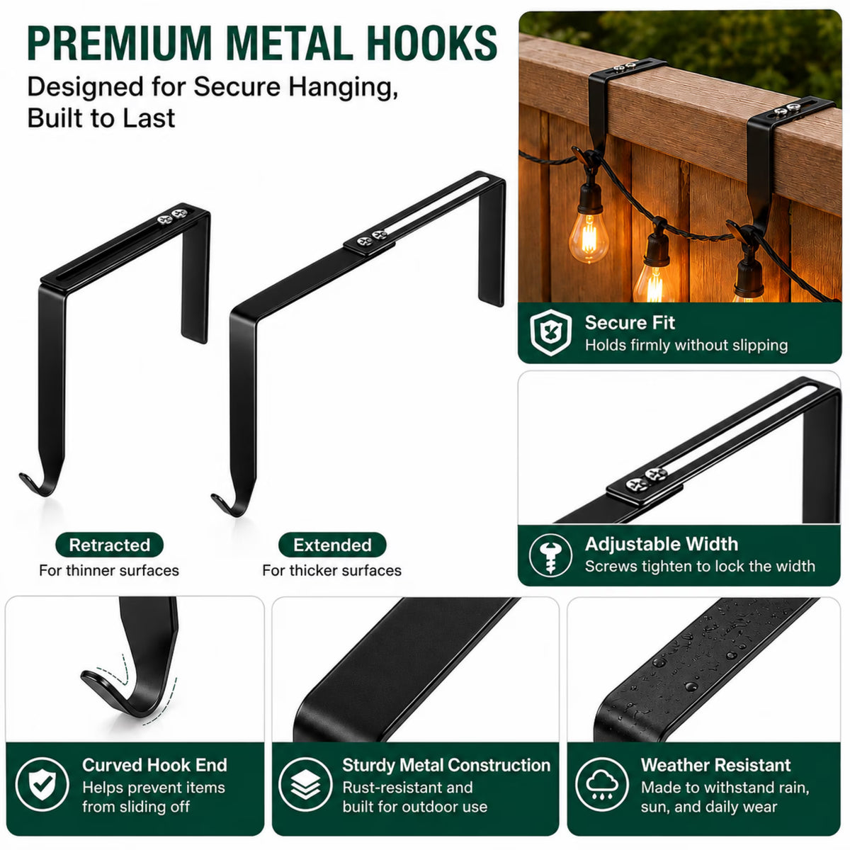 ChrumpTon 16 Pack Adjustable Outdoor Light Hooks, Metal Over-the-Wall Hangers for String Lights, Fits 3.2–6 Inch Wide Wall and Fence Tops, for Brick, Concrete Block, Railings and Patio Décor