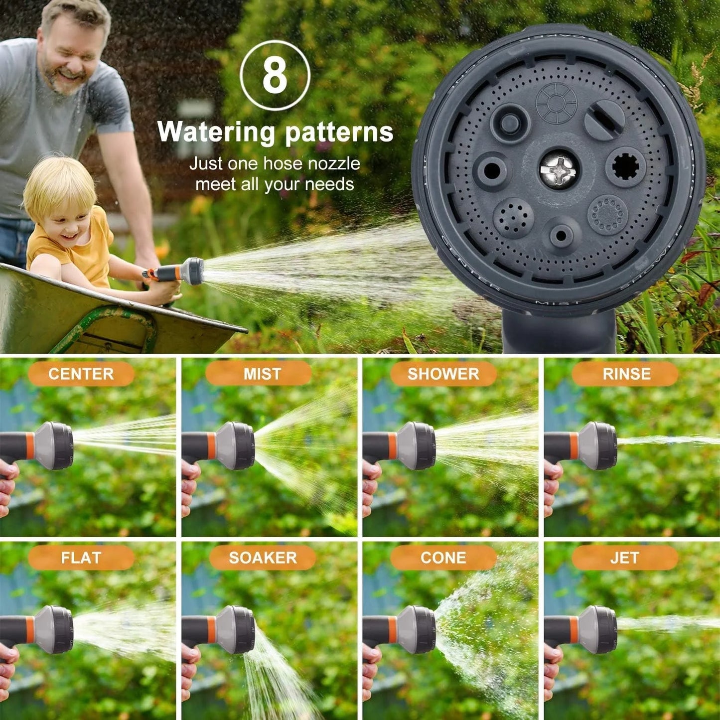 2 Pack Garden Hose Nozzle, Heavy Duty Water Hose Nozzle with 8 Spray Patterns, High Pressure Hose Sprayer with Flow Control for Flowers, Lawn, Car Wash and Pet Bath
