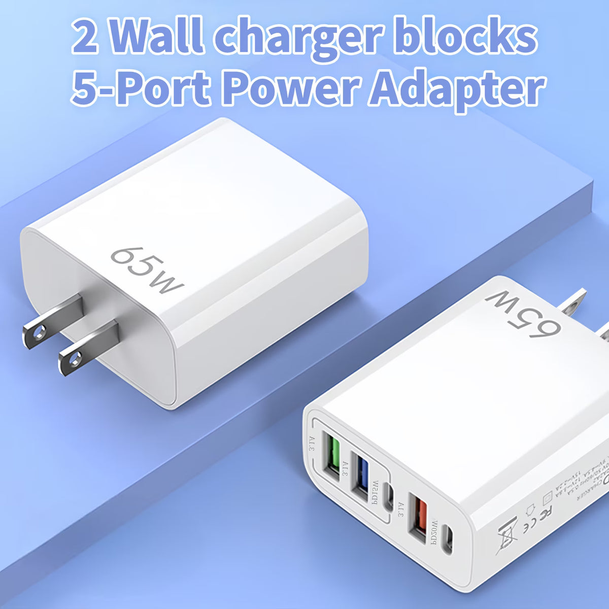 QINIUXO USB C Charger Block, Fast Wall Charger, 5-Port Phone Charger with Type C Fast Charging, Compatible with Phones, Tablets & More, Home, Office & Travel Use, White (2-Pack)