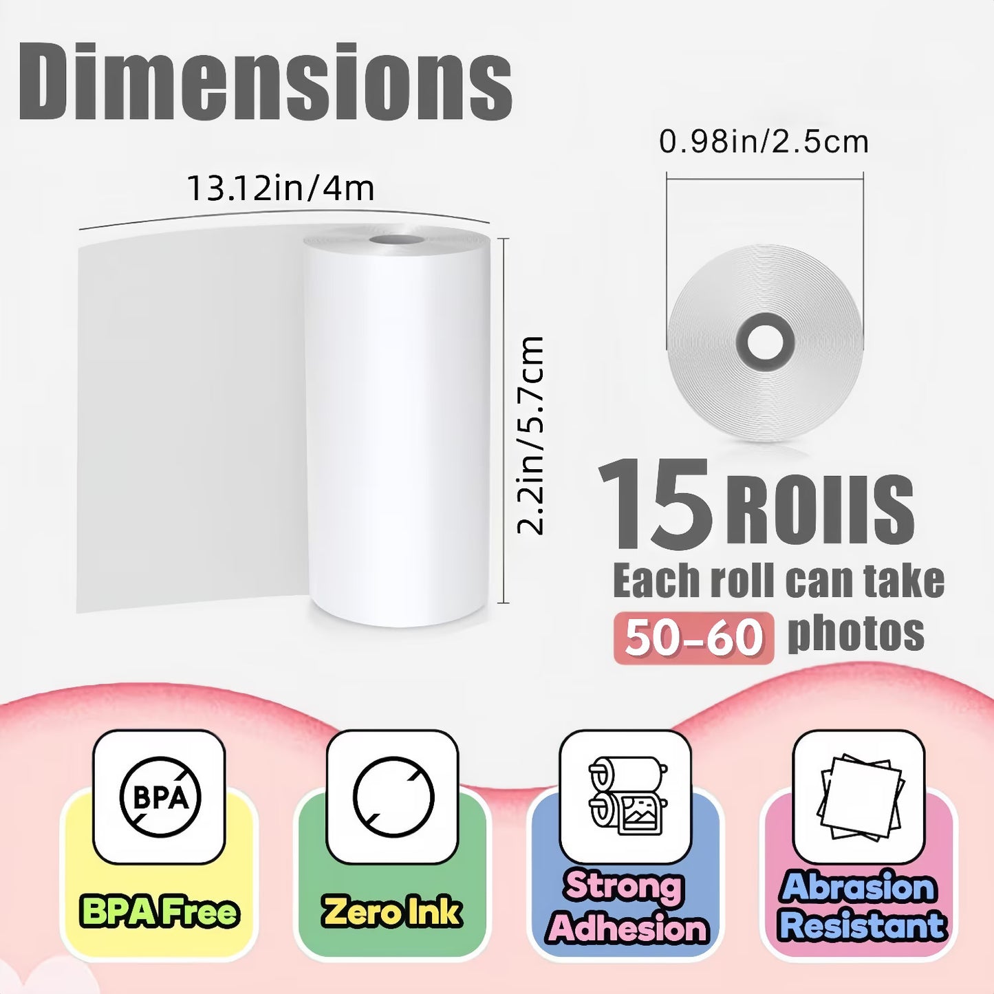 15 Rolls Instant Camera Refill Print Paper,HD Printing Thermal Print Paper,Instant Print Camera Paper Rolls,Compatible with Most Instant Print Cameras, White (57x25mm)