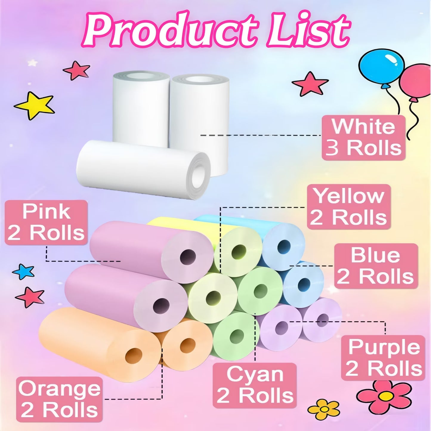 15 Rolls Instant Camera Refill Print Paper, HD Printing Thermal Print Paper, Instant Print Camera Paper Rolls, Compatible with Most Instant Print Cameras, Colorful (57x25mm)