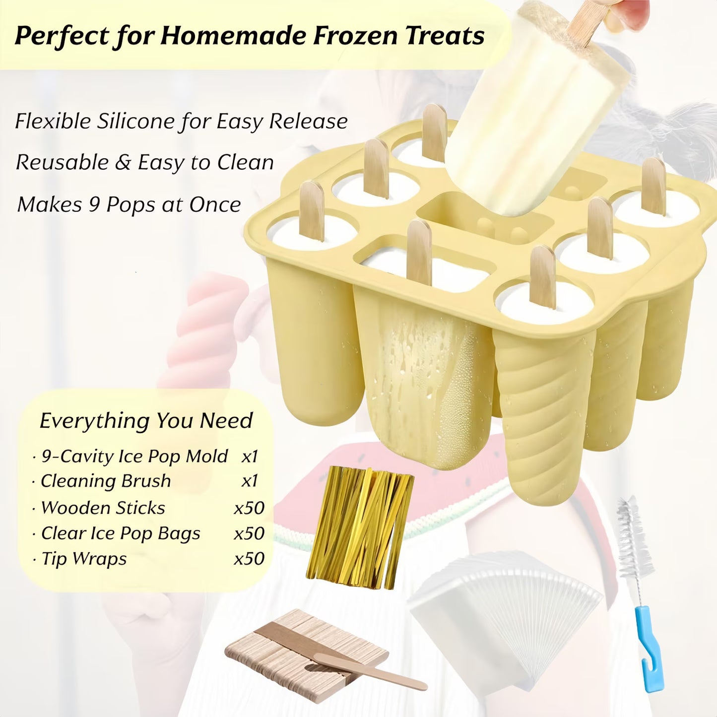 ChrumpTon Silicone Ice Pop Mold Set with 50 Sticks, 50 Bags & Brush, BPA Free Easy Release Ice Cream Molds for Homemade Treats, Yellow