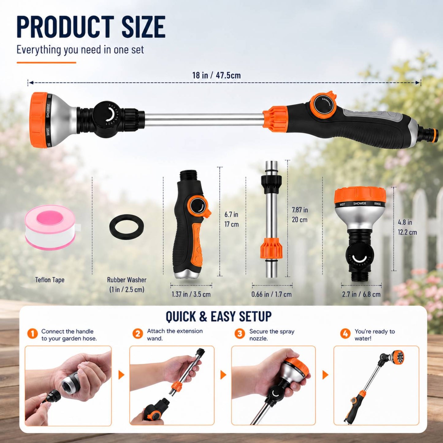 Garden Hose Nozzle, Hose Nozzle with 180° Rotating Head, Heavy Duty Metal Watering Wand, Pressure Nozzle with 8 Spray Patterns and Flow Control, Garden Tools Perfect for Hanging Baskets, Shrubs