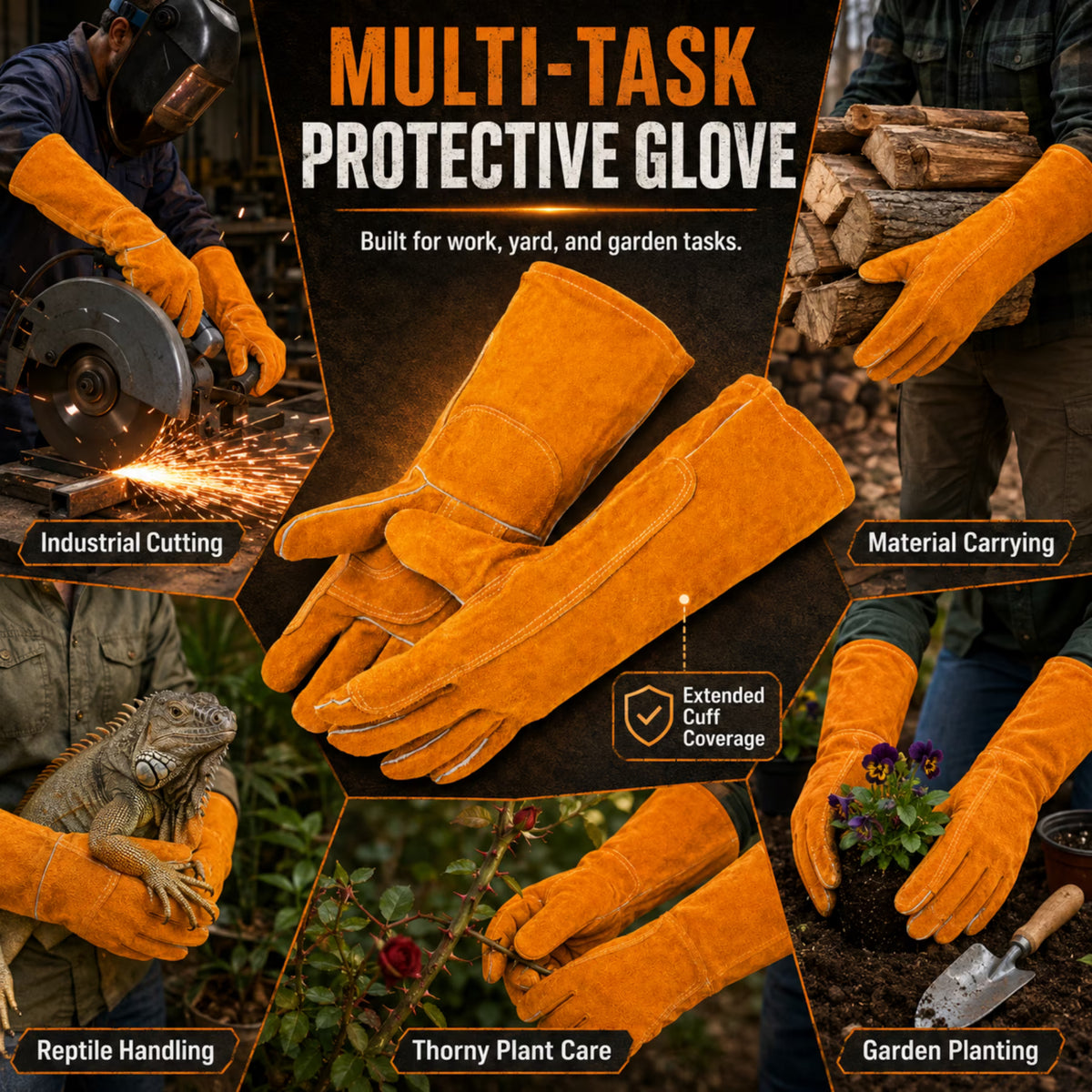ChrumpTon 16 Inch Leather Welding Gloves, Heat Resistant Work Gloves with Extended Cuff, Reinforced Stitching and Soft Lining for Fireplace, Wood Stove, Yard Work and Light Welding, Orange