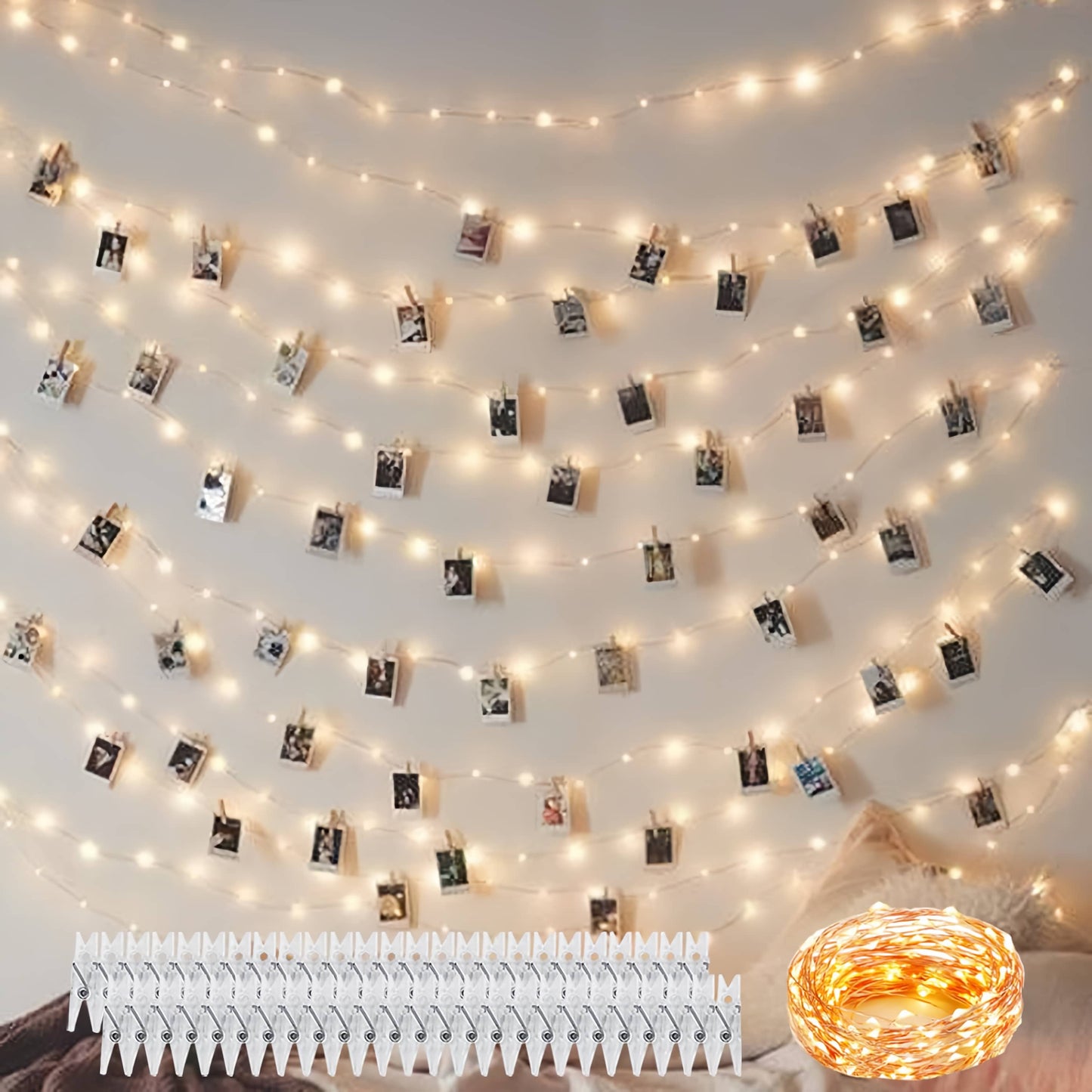 32.8 ft Photo String,100 LED Photo Clips,USB Powered Photo Clip Light,50 Clip String Lights for Picture Party Bedroom Wedding Camping,Warm White